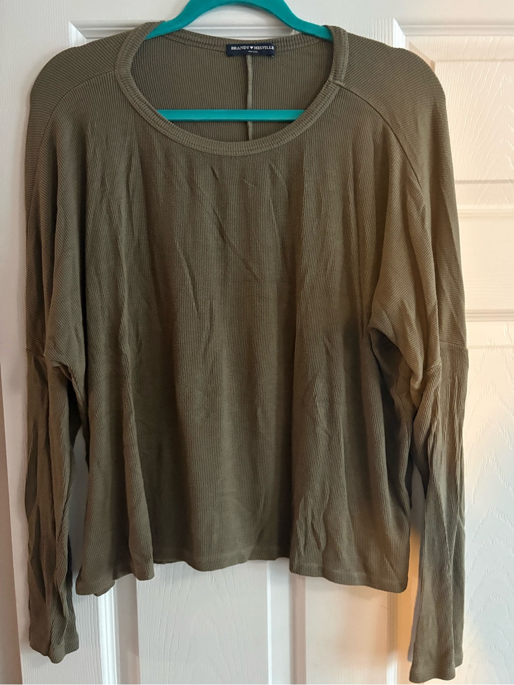 Brandy Melville long sleeve blouse top olive green slouchy oversized comfy OS